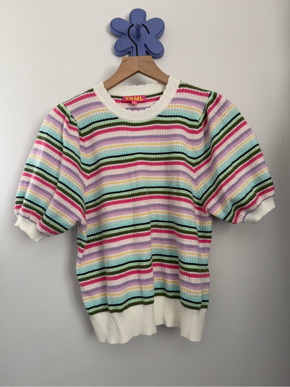 THML XS Stripe Multi Color Puff Short Sleeve Sweater Knit Pastel Crew Preppy